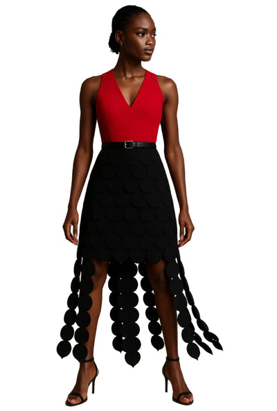 Red Top Black Circle Embellished Midi Dress