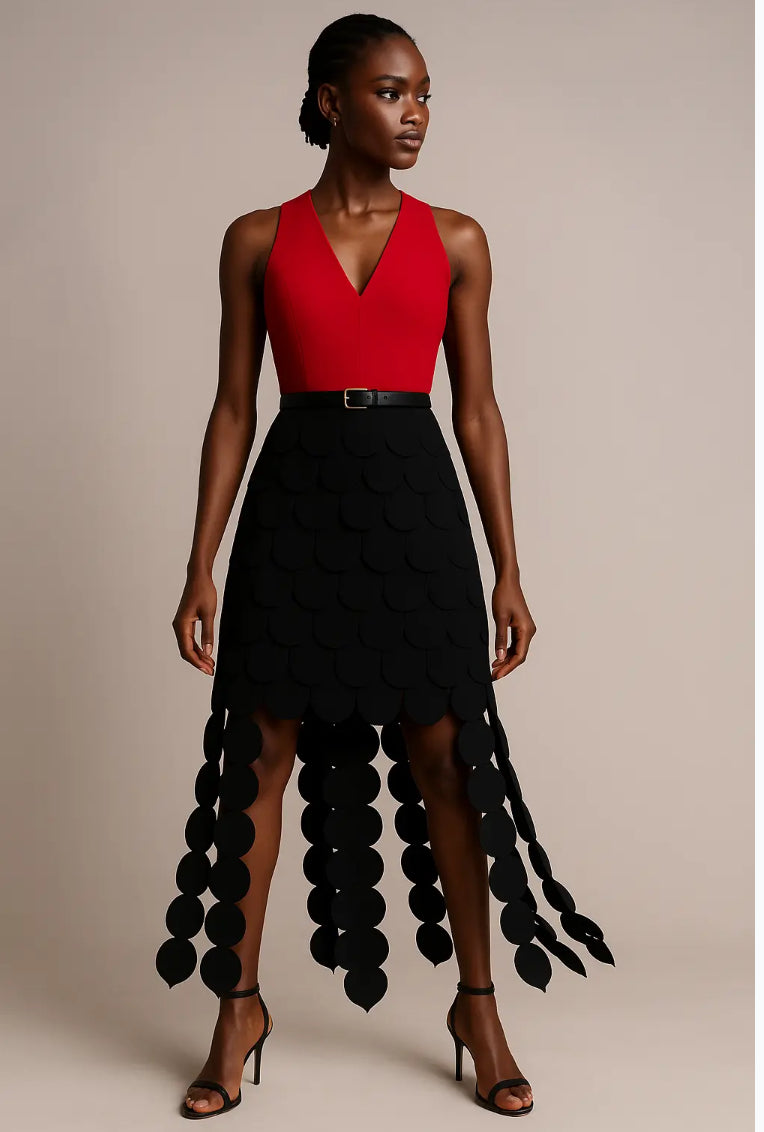 Red Top Black Circle Embellished Midi Dress