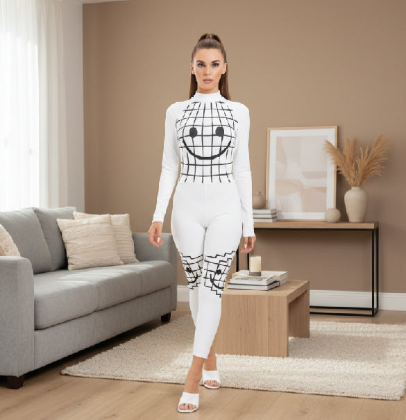 Smiley-Women's Long-sleeved High-neck Jumpsuit With Zipper