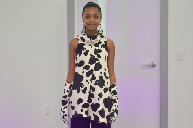 Cow Print Dress with Glove Accessory and Brochette Accent