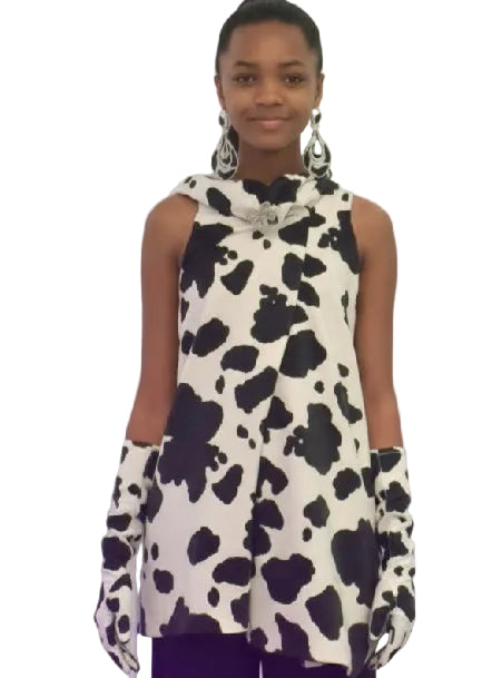 Cow Print Dress with Glove Accessory and Brochette Accent