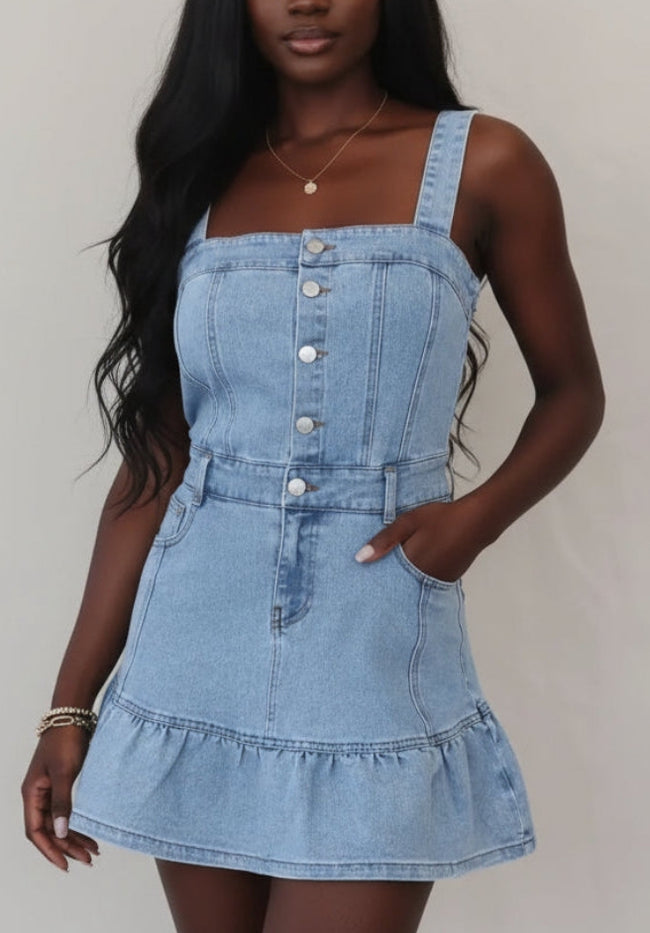 Ruffled Hem Button Front Square Neck Denim Dress