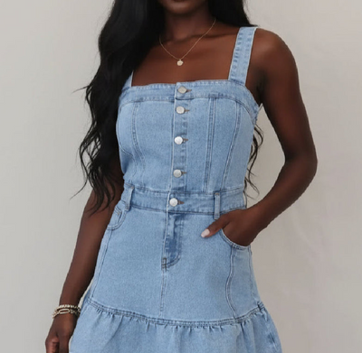 Ruffled Hem Button Front Square Neck Denim Dress