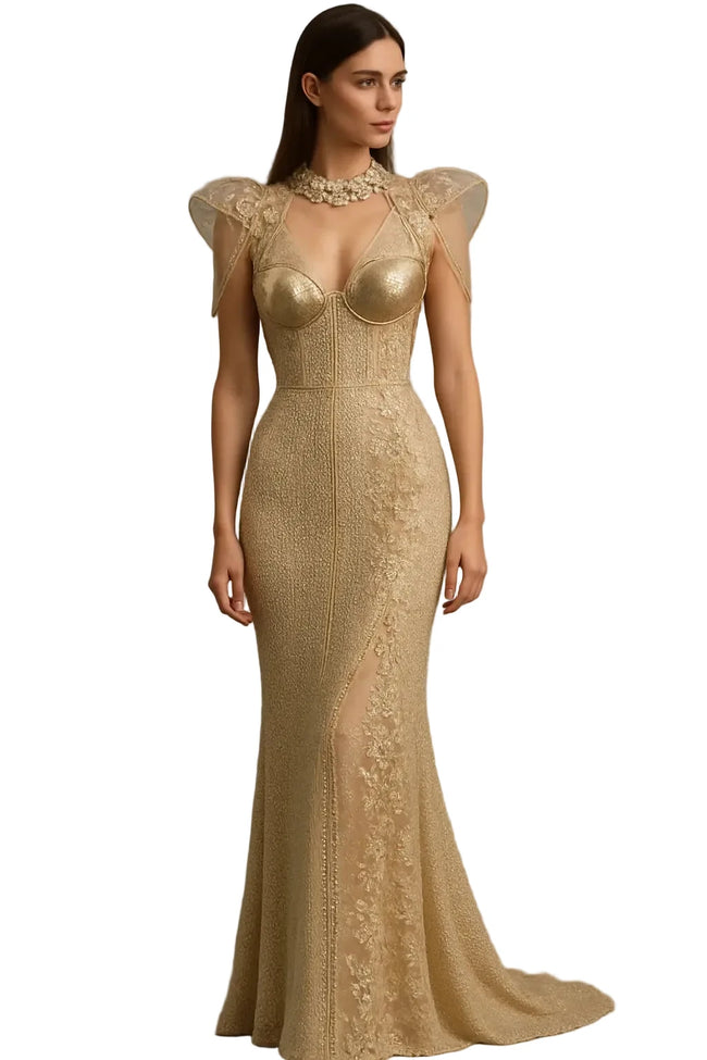Gold textured gown, bustier, sheer details