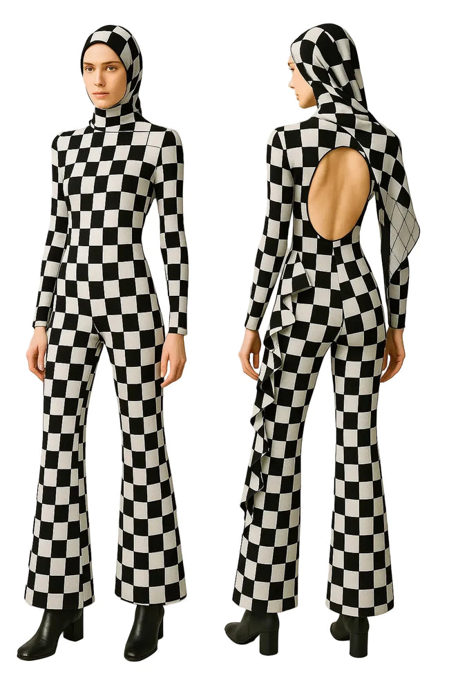 Hooded Black and White Jumpsuit with Open Back