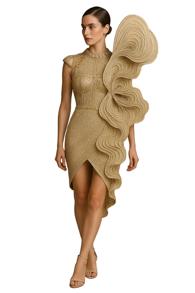 Gold textured dress with large ruffle