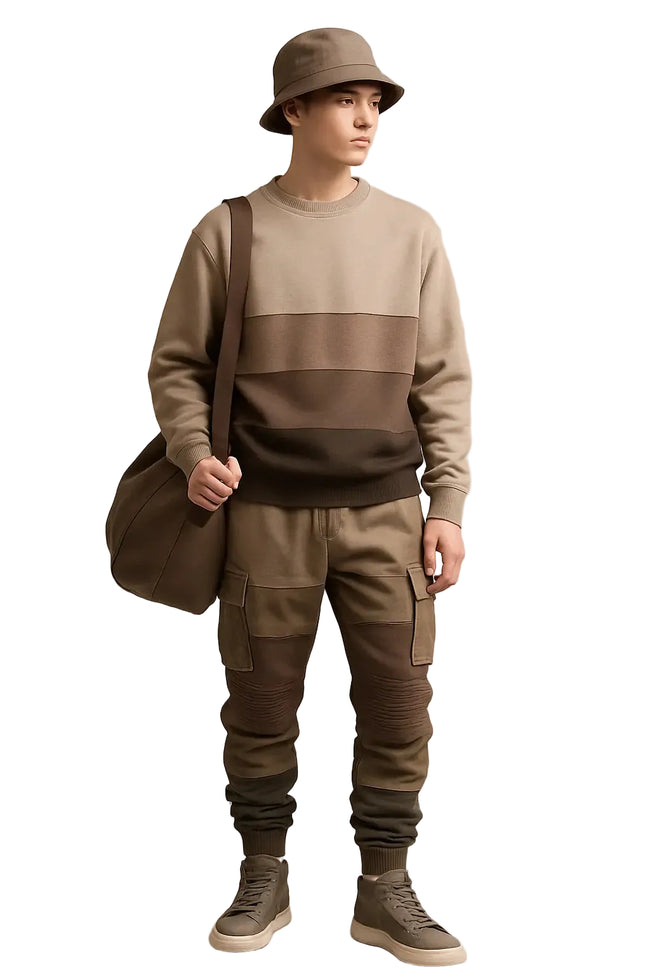 Earth-toned color block sweatshirt, cargo joggers