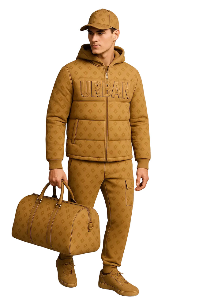 Monogrammed puffer jacket, joggers, cap, bag