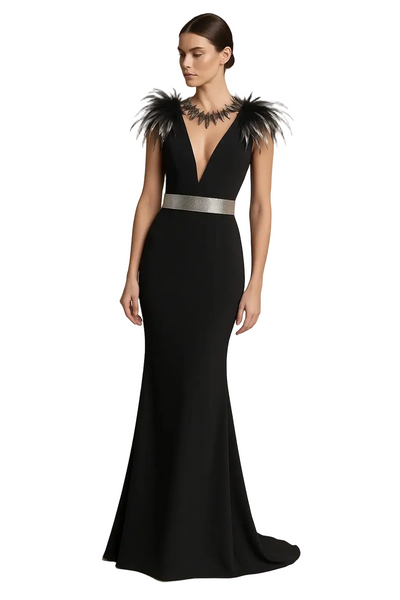 Black Gown w/Silver Detail-Feather Belt