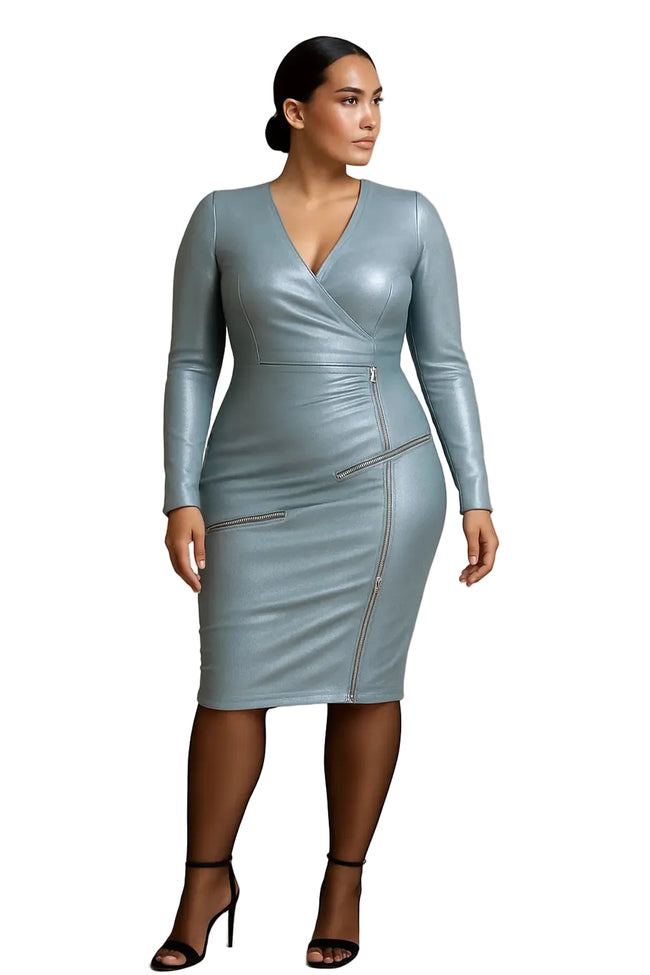 Blue faux leather wrap dress, zippers